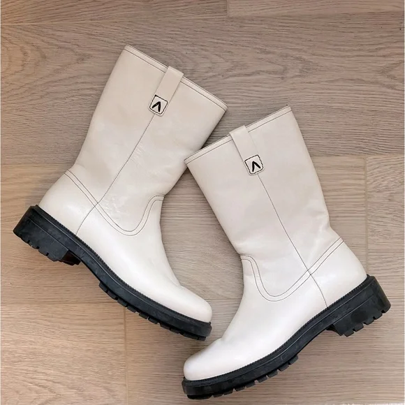 Aquatalia Lilah Leather Mid-Calf Boots Cream 7 - Picture 4 of 15